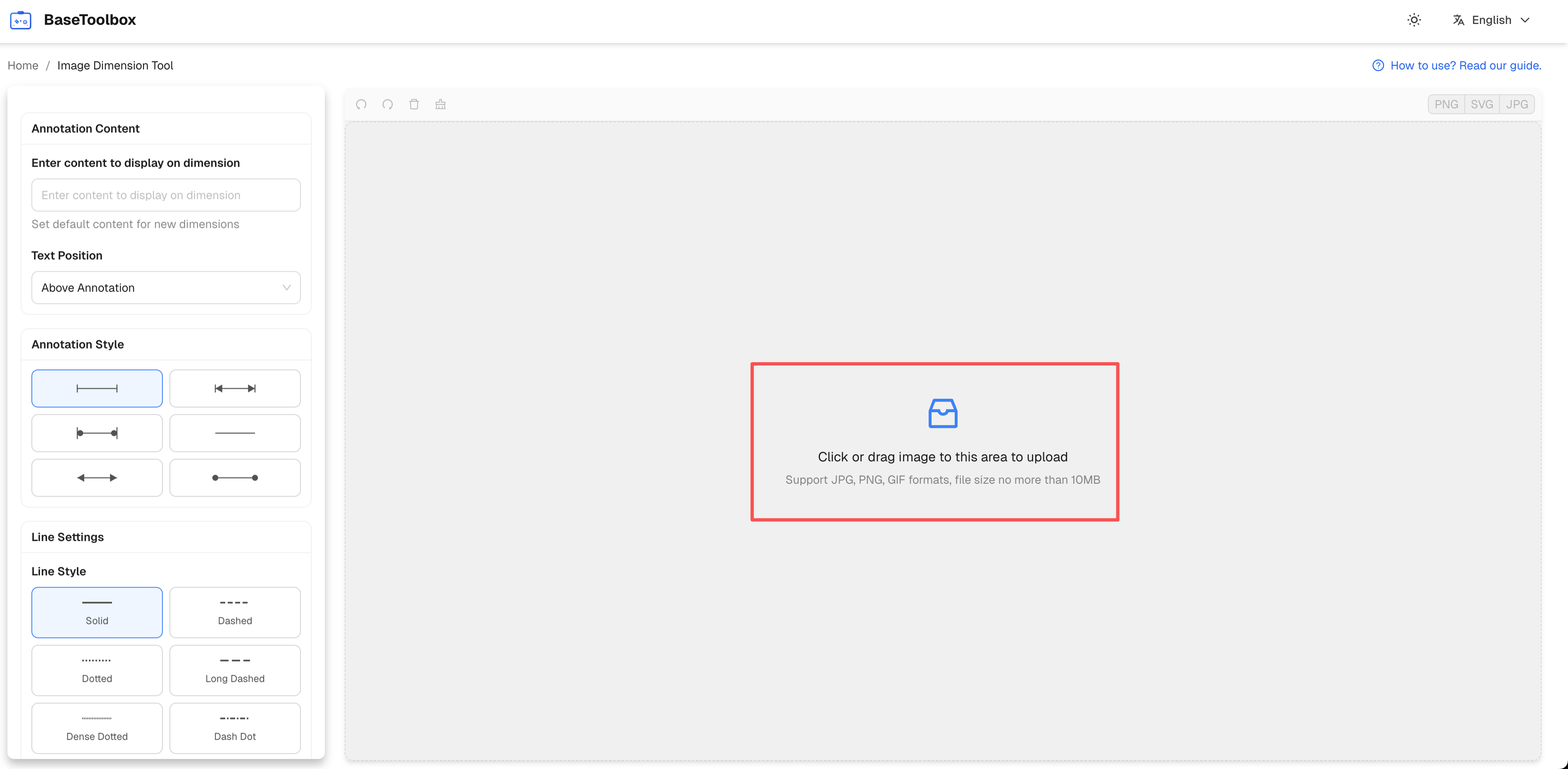 Tool main interface, highlighting the image upload area