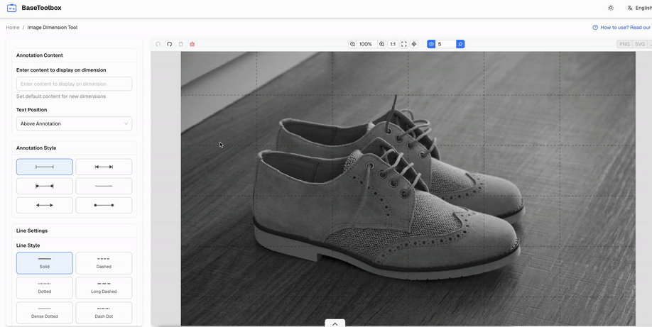 A screenshot of drawing lines on the shoe image with a mouse drag