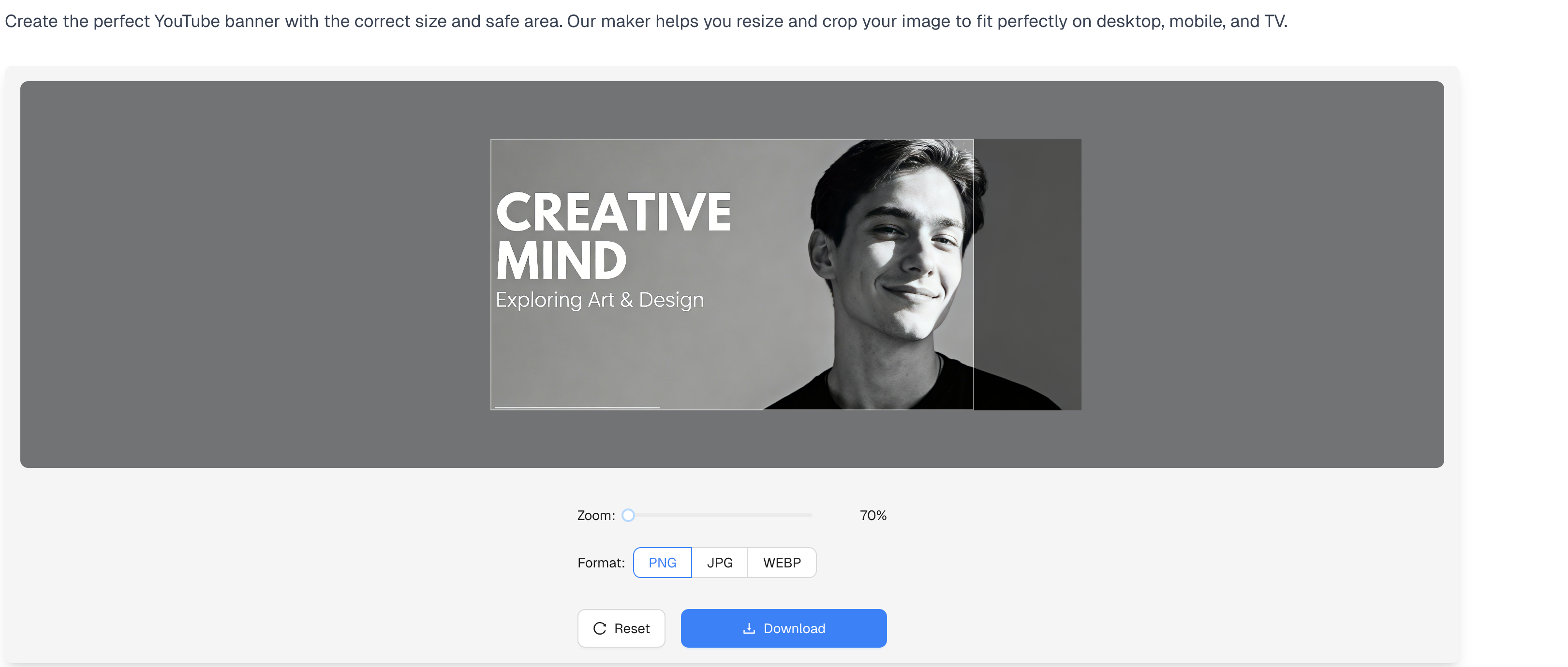 YouTube Banner 制作工具界面截图，显示带有安全区域覆盖的裁剪功能