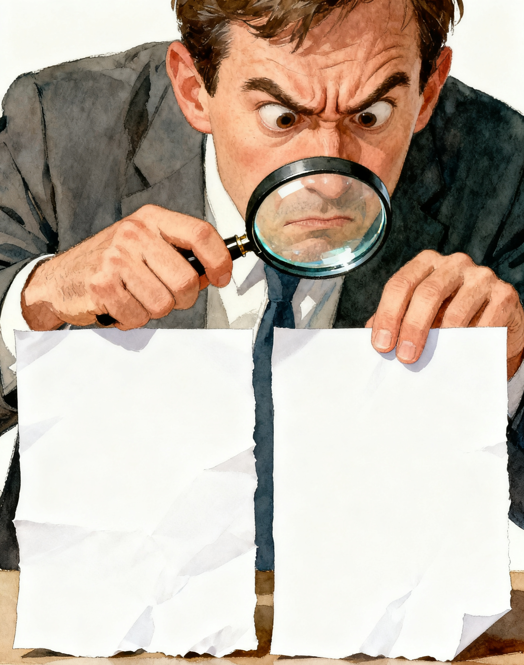 Man with Magnifying Glass Comparing Documents